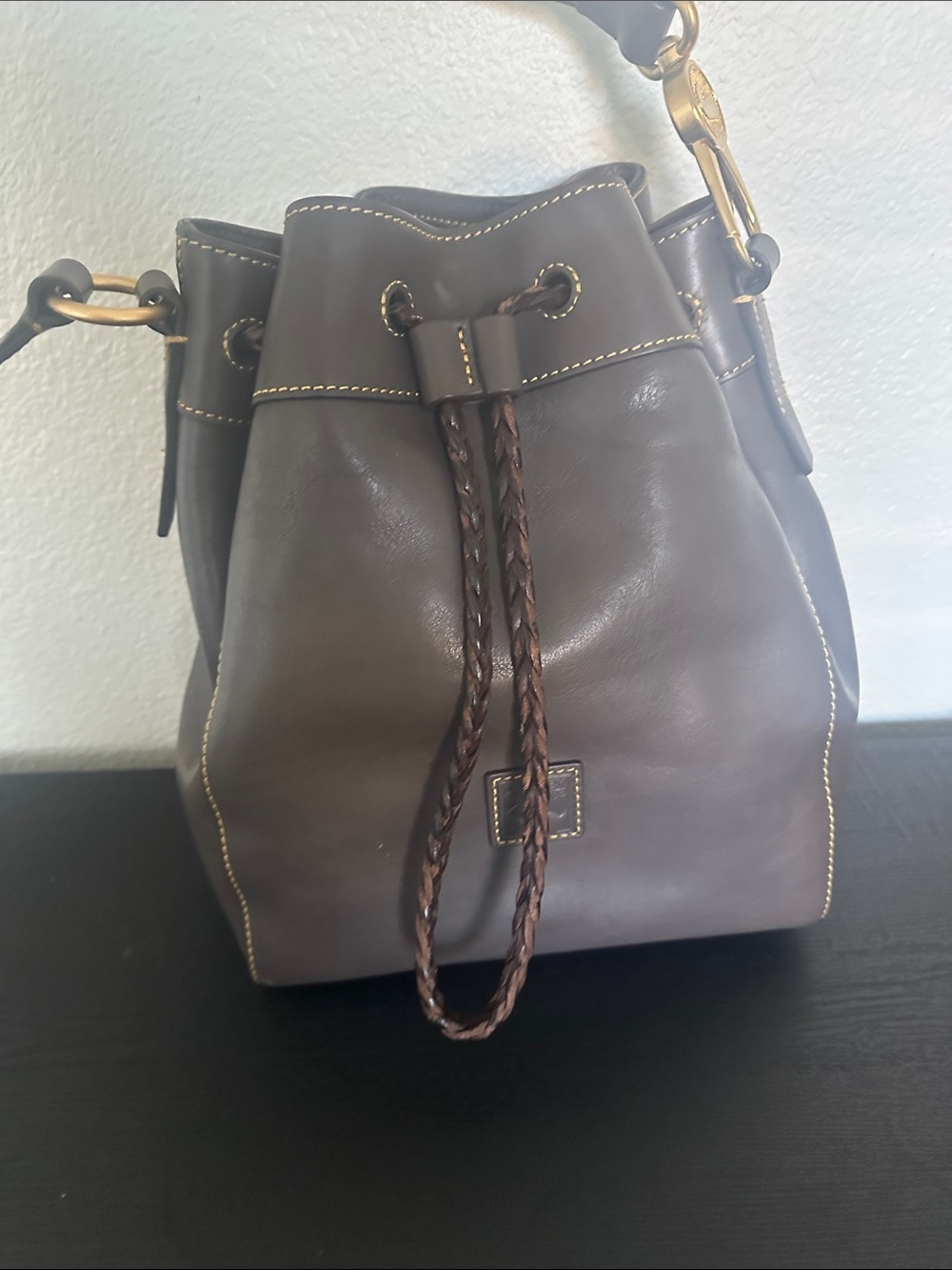 Dooney & Bourke Brown Leather Drawstring Bucket Shoulder Bag